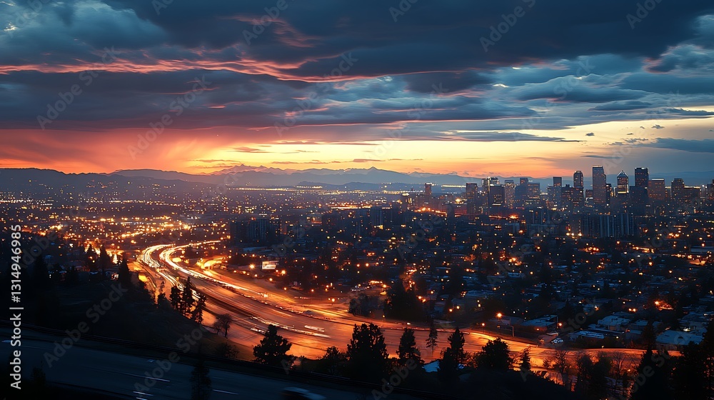 Obraz premium A vibrant sunset over a cityscape with glowing lights and a winding highway.