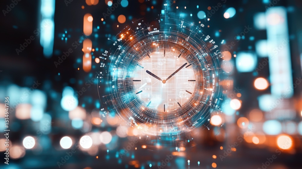 Fototapeta premium Floating holographic clock with interconnected digital task management symbols.