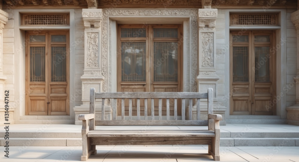 A wooden bench and building with a beautiful traditional style A wooden bench and building with a beautiful traditional style