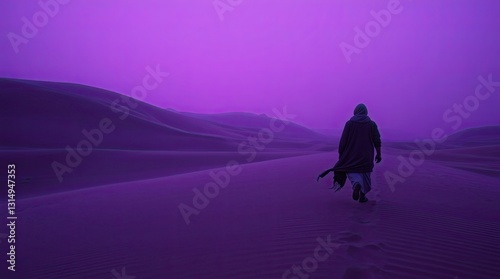 A solitary figure walks through expansive sand dunes under a vivid violet sky capturing a moment of reflection and connection to sufism in the twilight