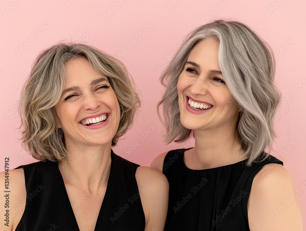 Two mature caucasian women smiling in black outfits against pink background Two mature caucasian women smiling in black outfits against pink background