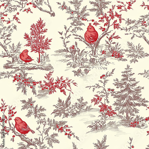 Vintage Red Bird Toile Pattern on Cream Background