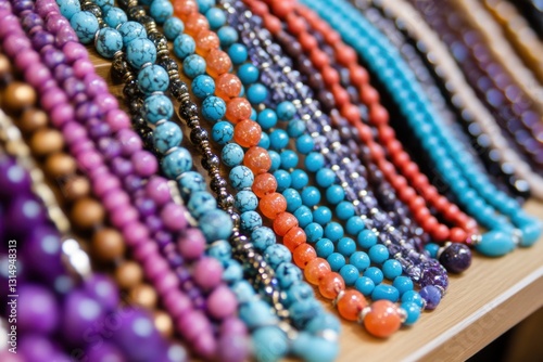 Vibrant Bead Necklaces Displayed in Rows at a Market Stall Colorful Jewelry Fashion Accessories