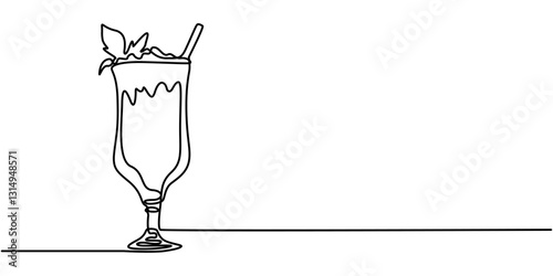 Hot Cup of Apple Cider Continuous Single Line Drawing Vector Illustration, One line drawing of a christmas mulled wine with spices and fruits. Vector minimalistic illustration, One Continuous Line.