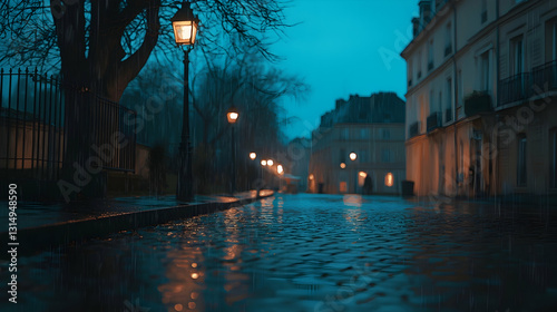 Fototapeta Naklejka Na Ścianę i Meble -  Rainy Parisian street at night, soft focus, lamplight reflections, quiet atmosphere, travel photography