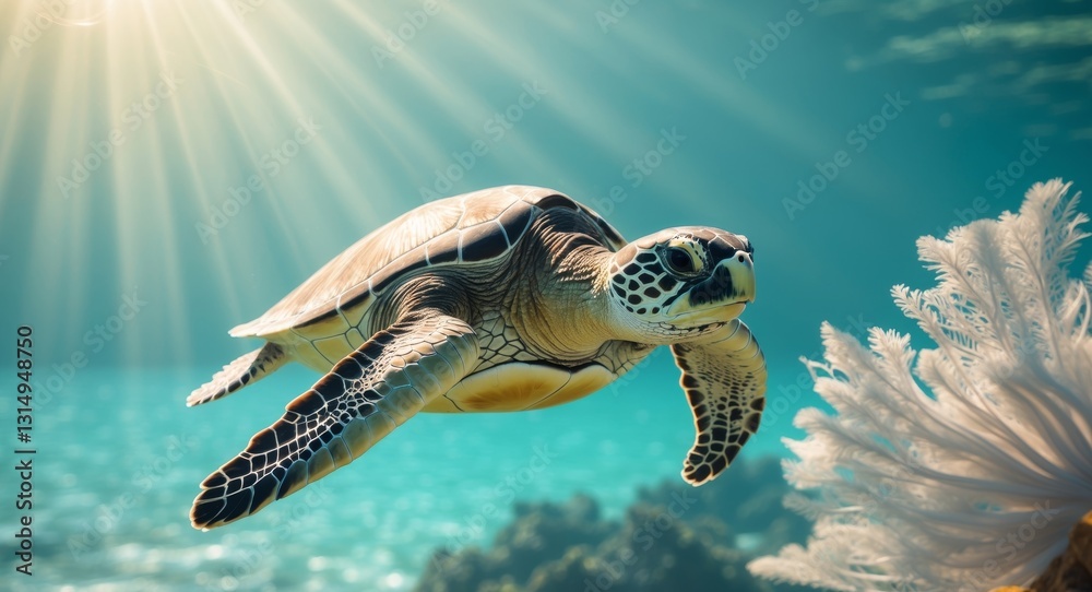 Obraz premium Sea Turtle Swimming in Ocean with Sun Rays and Coral Reef