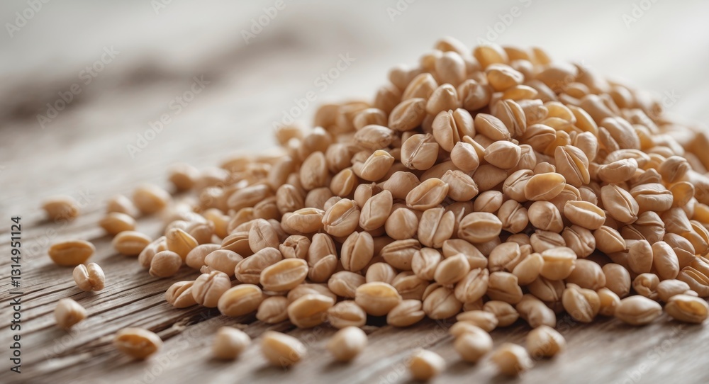 Obraz premium Closeup of Brown Buckwheat Groats Pile on Wooden Surface.