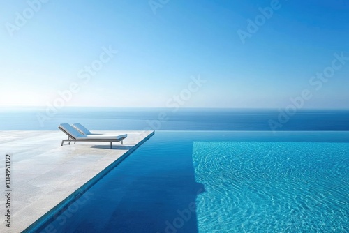 Two chaise lounges sit beside an infinity pool overlooking a serene ocean under a clear blue sky.
