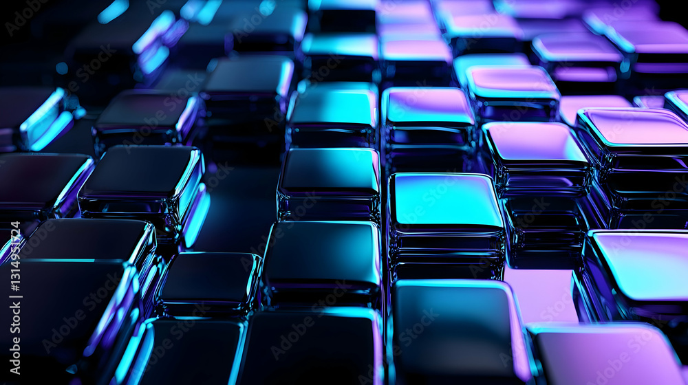 Fototapeta premium 3D Render of Shiny Metallic Cubes in Pink Purple and Blue Neon Light with Smooth Reflective Surfaces and a Grid-Like Pattern Creating a Futuristic