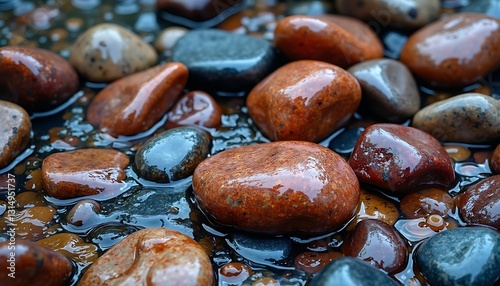 vibrant river rocks: photorealistic, high-resolution image of wet stones in a clear stream