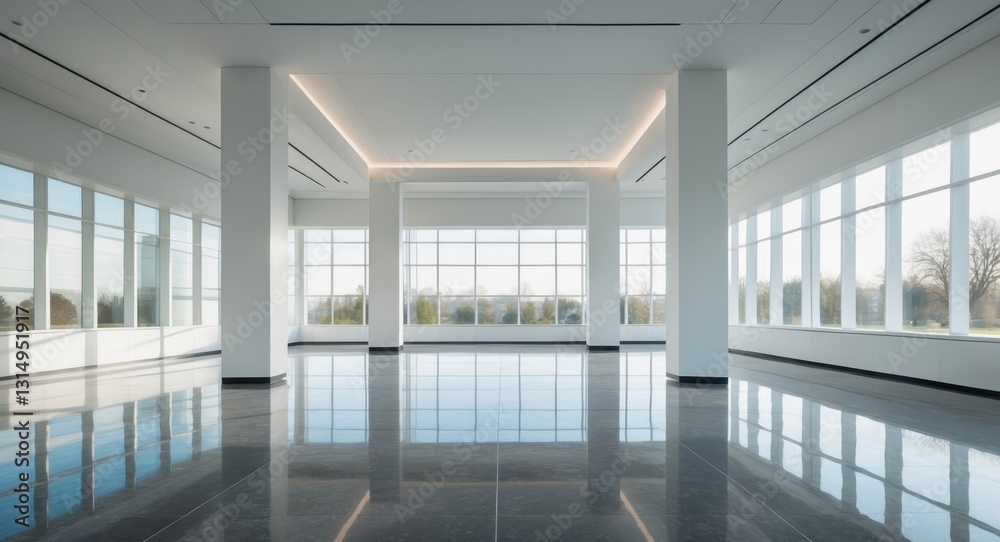 Fototapeta premium modern office lobby with polished floor and sunlit windows.