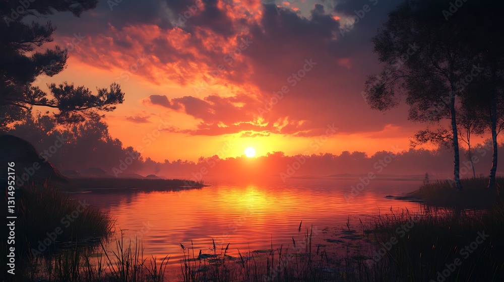 Obraz premium A serene sunset over a calm lake, reflecting vibrant colors and surrounded by nature.