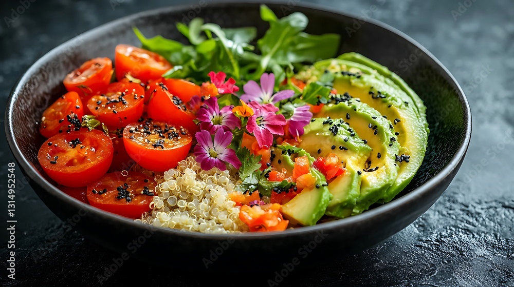 A minimalistic yet elegant Avocado Power Bowl featuring creamy avocado, fresh quinoa, cherry tomatoes, and edible flowers, artistically plated on a matte black surface. A minimalistic yet elegant Avocado Power Bowl featuring creamy avocado, fresh quinoa, cherry tomatoes, and edible flowers, artistically plated on a matte black surface.