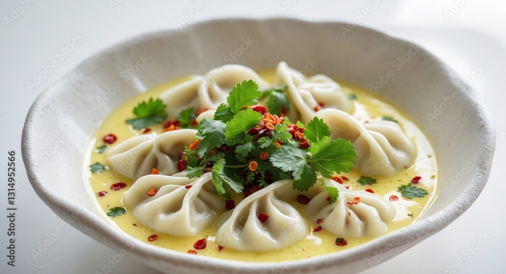 Creamy Homemade Dumplings in Yogurt Sauce with Spices and Herbs Creamy Homemade Dumplings in Yogurt Sauce with Spices and Herbs