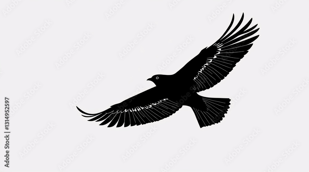 Obraz premium Intricate Black Bird Silhouette in Flight on Light Gray Background