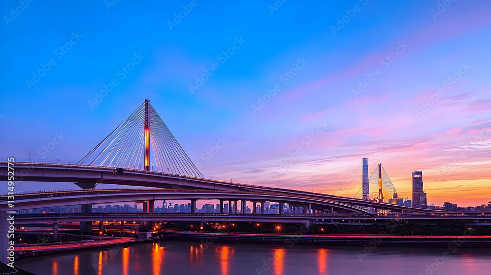 Fototapeta premium Illuminated Cable-Stayed Bridge At Sunset Over River With Cityscape In Background