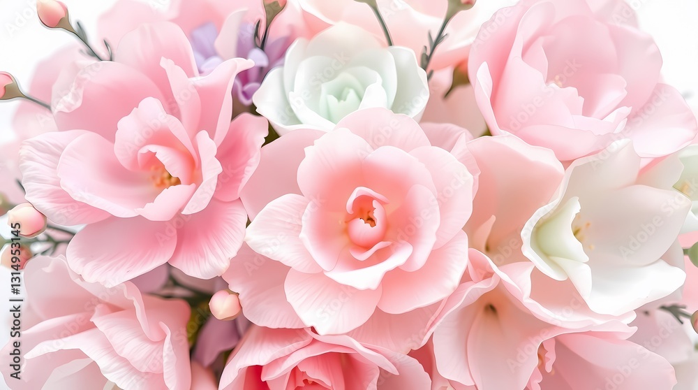 Obraz premium Pink Paradise: A close-up shot of a bouquet of delicate pink roses and other flowers, showcasing a vibrant array of colors and textures, perfect for conveying feelings of love and beauty.