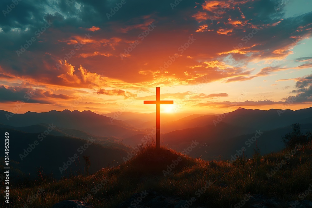 Obraz premium Cross silhouetted against a dramatic sunset, symbolizing the sacrifice of Good Friday