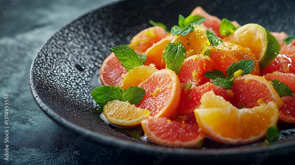 A refined Citrus Bliss salad with carefully arranged slices of grapefruit, orange, and lime, accented by fresh mint and a drizzle of citrus syrup, plated on a dark textured ceramic dish. A refined Citrus Bliss salad with carefully arranged slices of grapefruit, orange, and lime, accented by fresh mint and a drizzle of citrus syrup, plated on a dark textured ceramic dish.