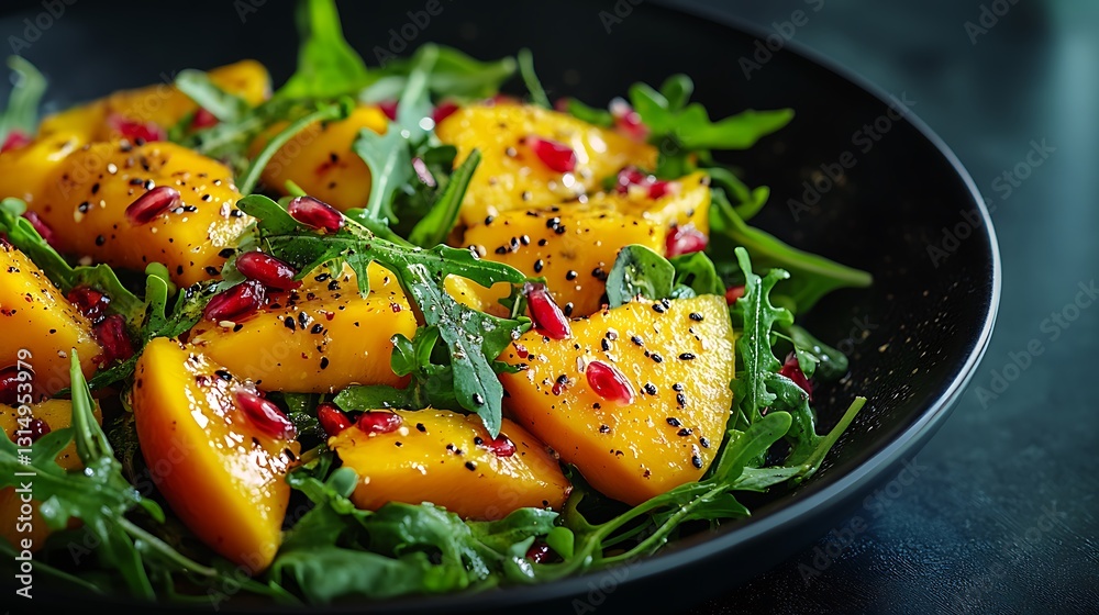 A refined Mango Passion Delight salad featuring golden mango slices, tart passion fruit, and fresh arugula, plated on a sleek black ceramic dish. A refined Mango Passion Delight salad featuring golden mango slices, tart passion fruit, and fresh arugula, plated on a sleek black ceramic dish.