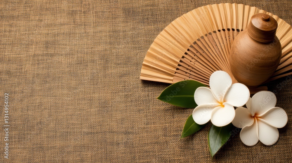 A serene arrangement featuring a wooden vase, bamboo fan, and delicate white flowers on a textured fabric, Ideal for wellness, spa promotions, aesthetics, or decoration in calming spaces, A serene arrangement featuring a wooden vase, bamboo fan, and delicate white flowers on a textured fabric, Ideal for wellness, spa promotions, aesthetics, or decoration in calming spaces,