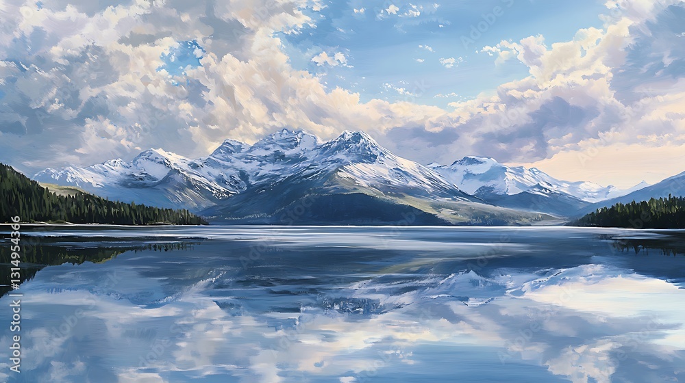 Fototapeta premium A serene landscape featuring snow-capped mountains reflected in a calm lake under a blue sky.