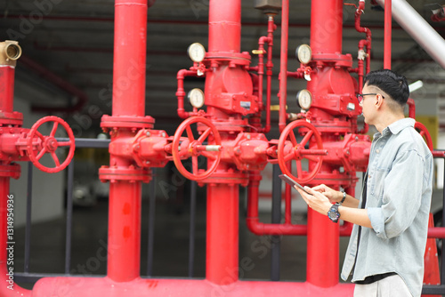 Male engineer inspects water pipelines in the engineering system area of the factory outside where various pipelines are designed modernly. Technicians work in the industry.