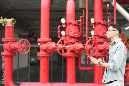 Male engineer inspects water pipelines in the engineering system area of the factory outside where various pipelines are designed modernly. Technicians work in the industry.
