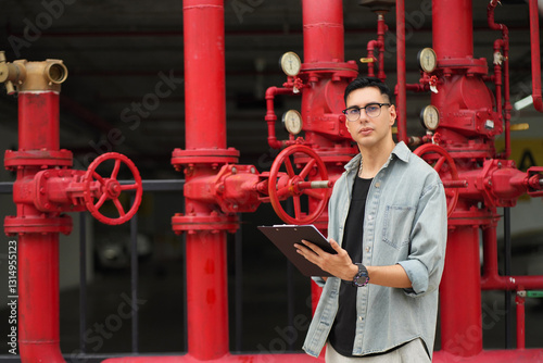 Male engineer inspects water pipelines in the engineering system area of the factory outside where various pipelines are designed modernly. Technicians work in the industry.