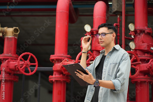 Male engineer inspects water pipelines in the engineering system area of the factory outside where various pipelines are designed modernly. Technicians work in the industry.