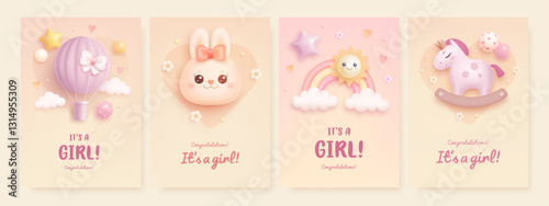 Baby shower invitation design template with 3d cartoon bunny, rocking horse, rainbow and hot air balloon. It's a girl. Baby girl greeting card. Baby birth. Vector illustration