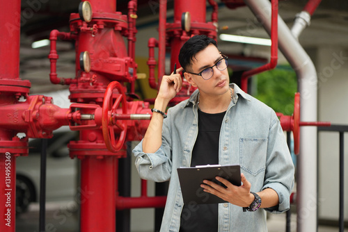 Male engineer inspects water pipelines in the engineering system area of the factory outside where various pipelines are designed modernly. Technicians work in the industry.