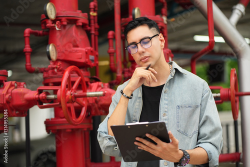 Male engineer inspects water pipelines in the engineering system area of the factory outside where various pipelines are designed modernly. Technicians work in the industry.