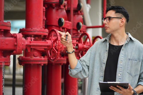 Male engineer inspects water pipelines in the engineering system area of the factory outside where various pipelines are designed modernly. Technicians work in the industry.