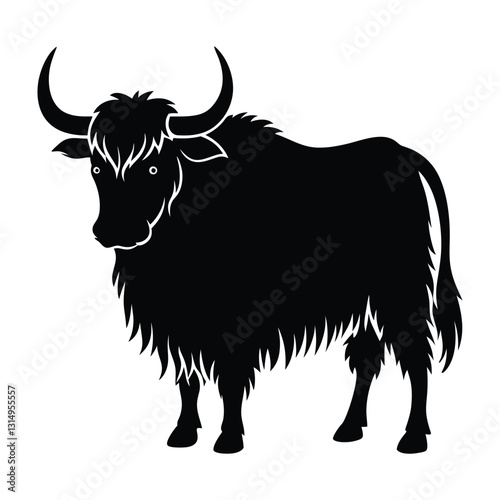Yak standing with shaggy fur and curved horns silhouette white design
