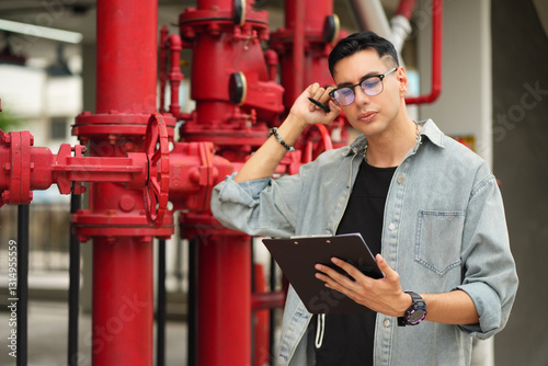 Male engineer inspects water pipelines in the engineering system area of the factory outside where various pipelines are designed modernly. Technicians work in the industry.