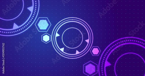 4K circular and hexagonal HUD technology element moving on grid dots bg. Viewfinder stream starting gaming setup overlay asset. Cyber concept software loading. Futuristic interface science menu panel.