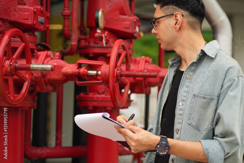 Male engineer inspects water pipelines in the engineering system area of the factory outside where various pipelines are designed modernly. Technicians work in the industry.