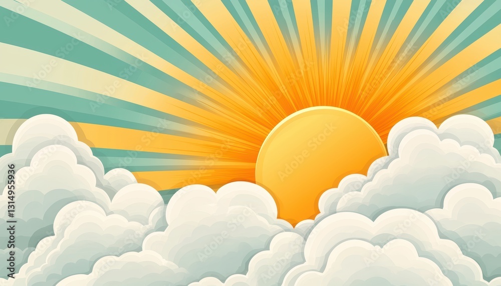 A vibrant sunrise with rays of sunlight emerging from behind fluffy clouds, creating a bright and uplifting atmosphere.