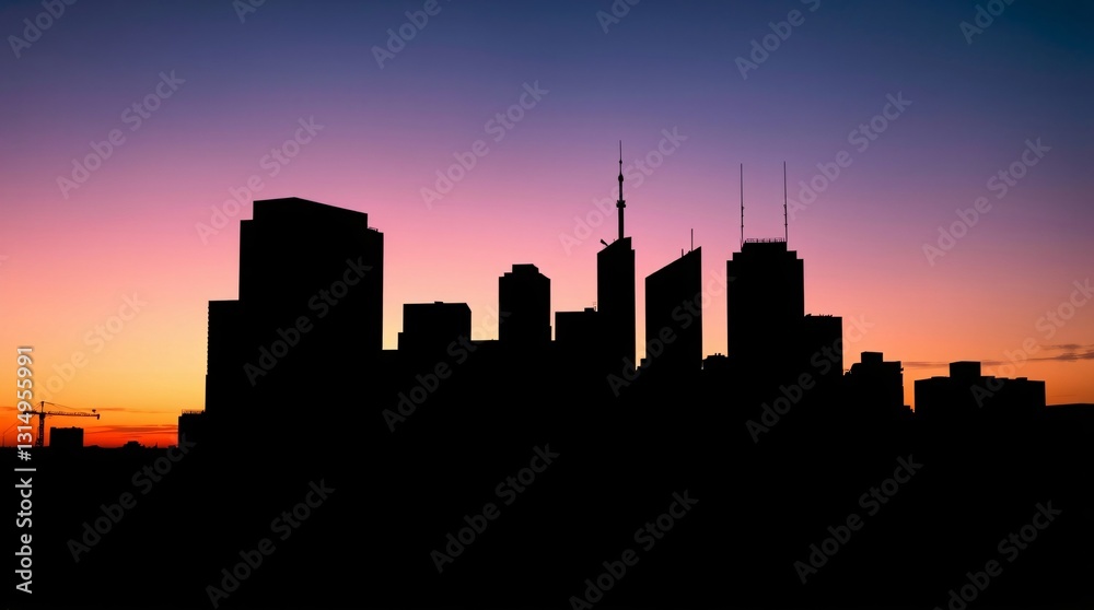 Geometric Cityscape Silhouette with Bold Lines and Twilight Sky in Photorealistic Style Geometric Cityscape Silhouette with Bold Lines and Twilight Sky in Photorealistic Style