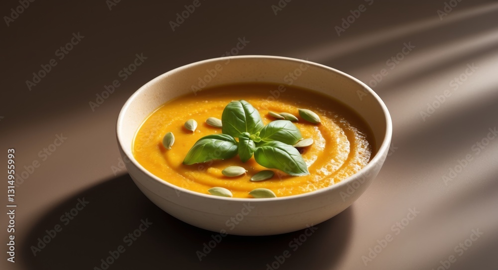 Fresh pumpkin soup garnished with basil and pumpkin seeds on a dark background. Fresh pumpkin soup garnished with basil and pumpkin seeds on a dark background.