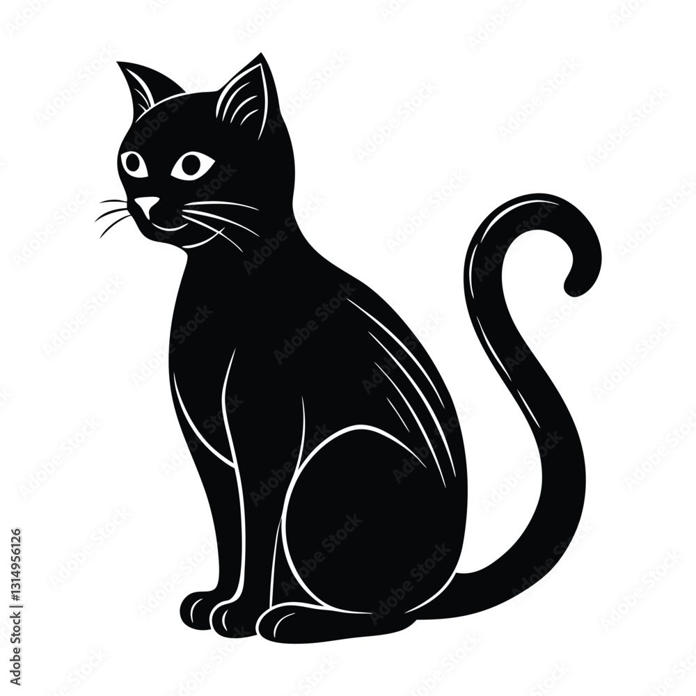 Fototapeta premium Barn cat sitting with tail curled around paws silhouette art