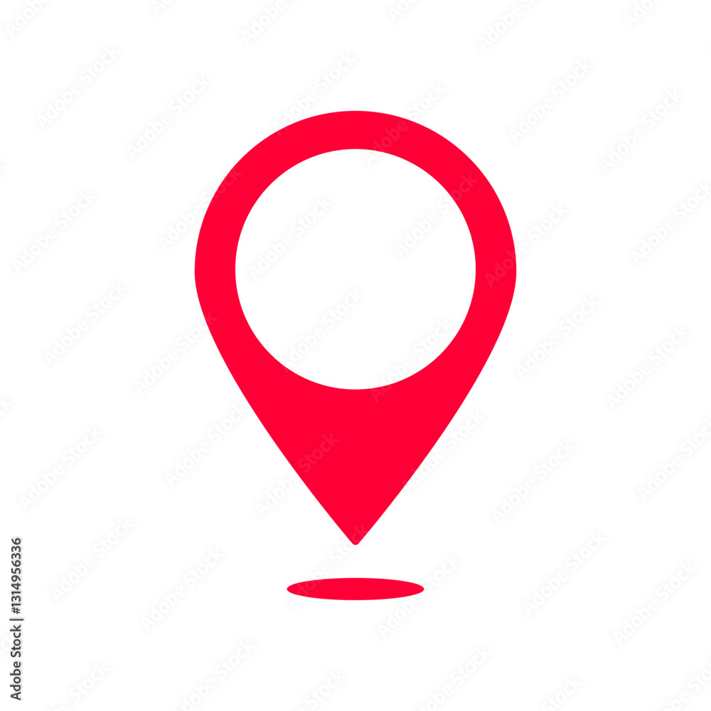 Red pinpoint marker design used to represent locations on various interfaces, maps, and print media.