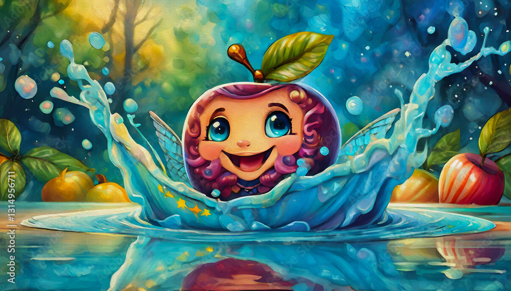 oil painting style cartoon character red apple in water splash oil painting style cartoon character red apple in water splash