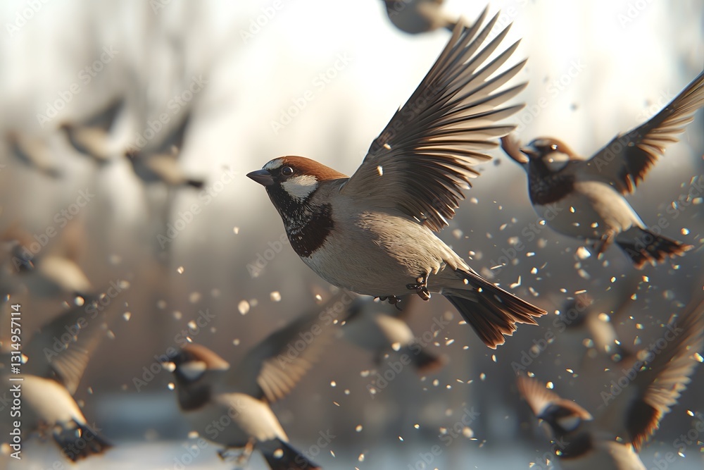 Obraz premium Sparrows under the Sun and Spring Park