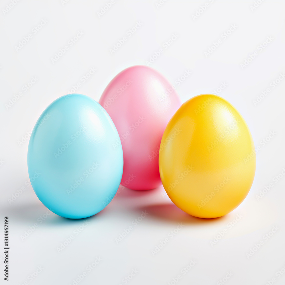 Three smooth pastel Easter eggs in shades of blue, pink and yellow placed on white background. Their soft matte finish and minimalistic design create modern and stylish holiday aesthetic