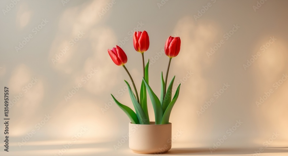 Obraz premium Three Red Tulips Bask in Sunlight on Beige Background