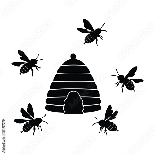 Bees flying near beehive on white silhouette art design