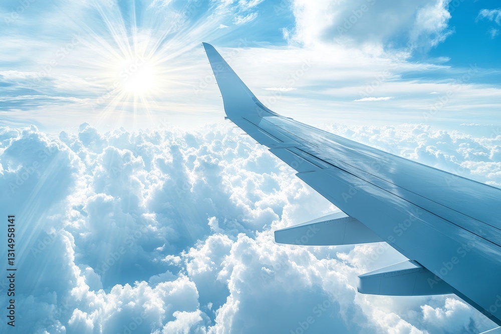 Airplane Wing Over White Fluffy Clouds with Bright Sunlight above Airplane Wing Over White Fluffy Clouds with Bright Sunlight above