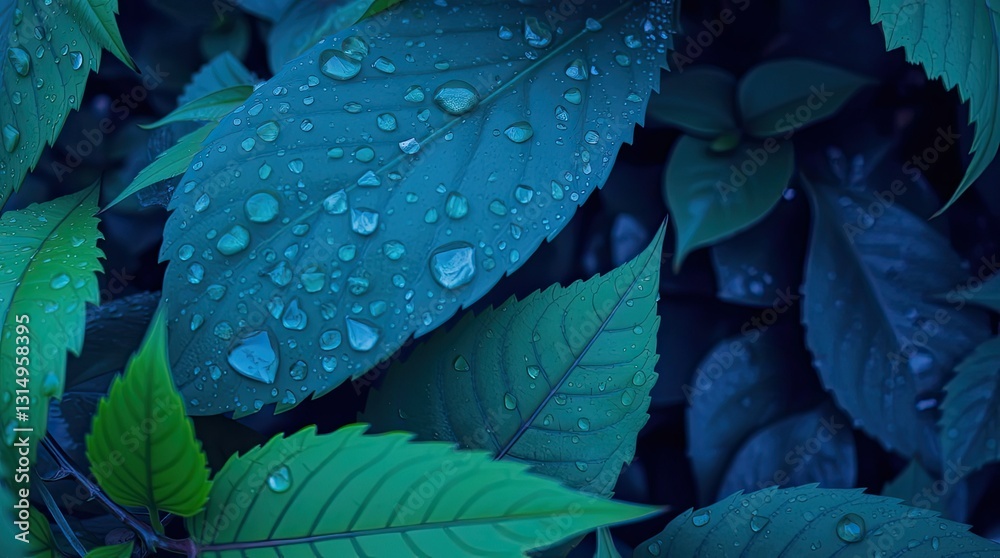 Obraz premium Lush green leaves glisten with water droplets reflecting the beauty of nature. The interplay of light and shadow creates a captivating visual experience
